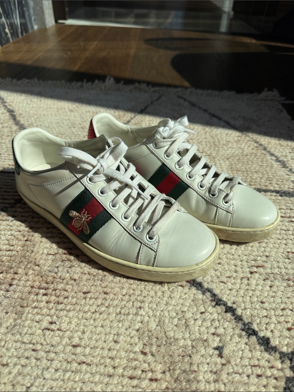 Gucci White Leather Sneakers with Green & Red Stripe and Gold Bee
